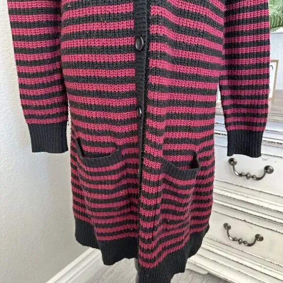 Hot Topic Long Cardigan Sweater, Red, Black, Striped Emo Size Medium Button Down - Picture 3 of 14